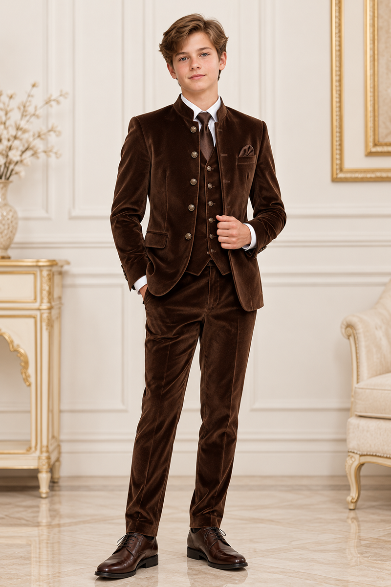 Boys Brown Velvet with Mandarin Collar 3-Piece Suit