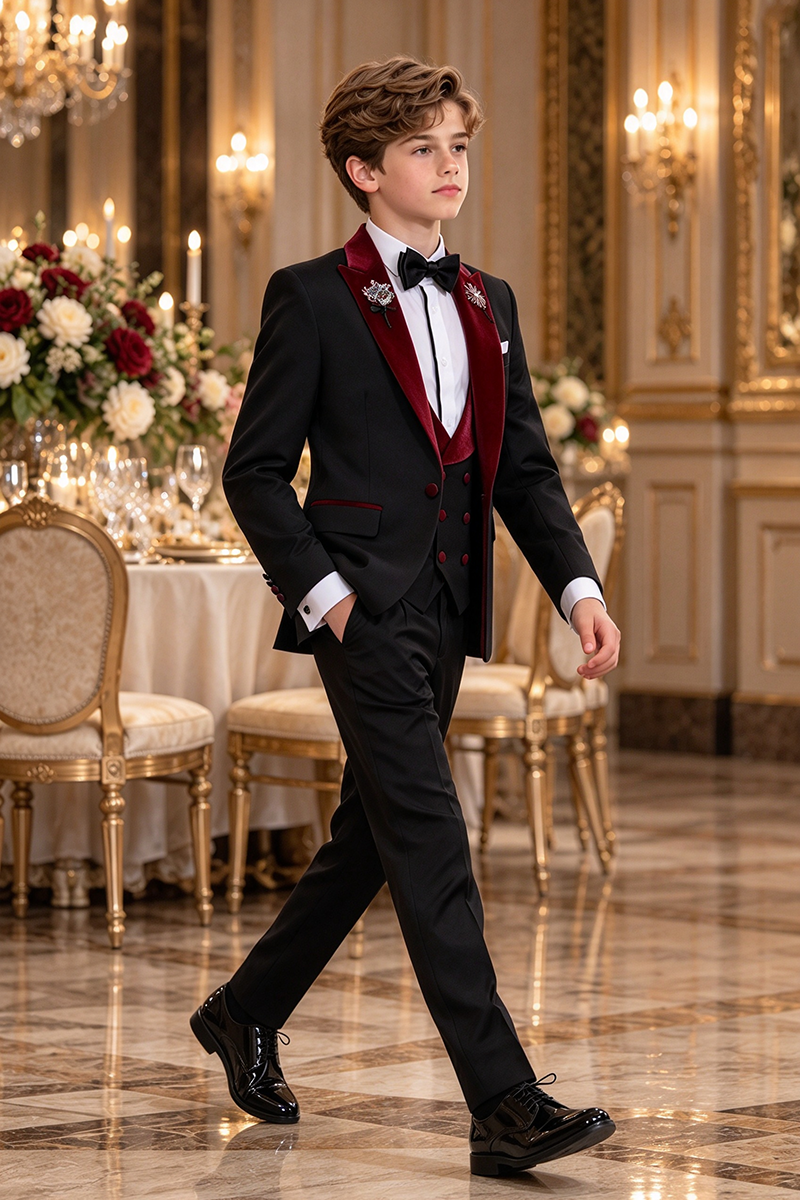Boys Black Tuxedo with Velvet Shawl Lapel 3-Piece Suit