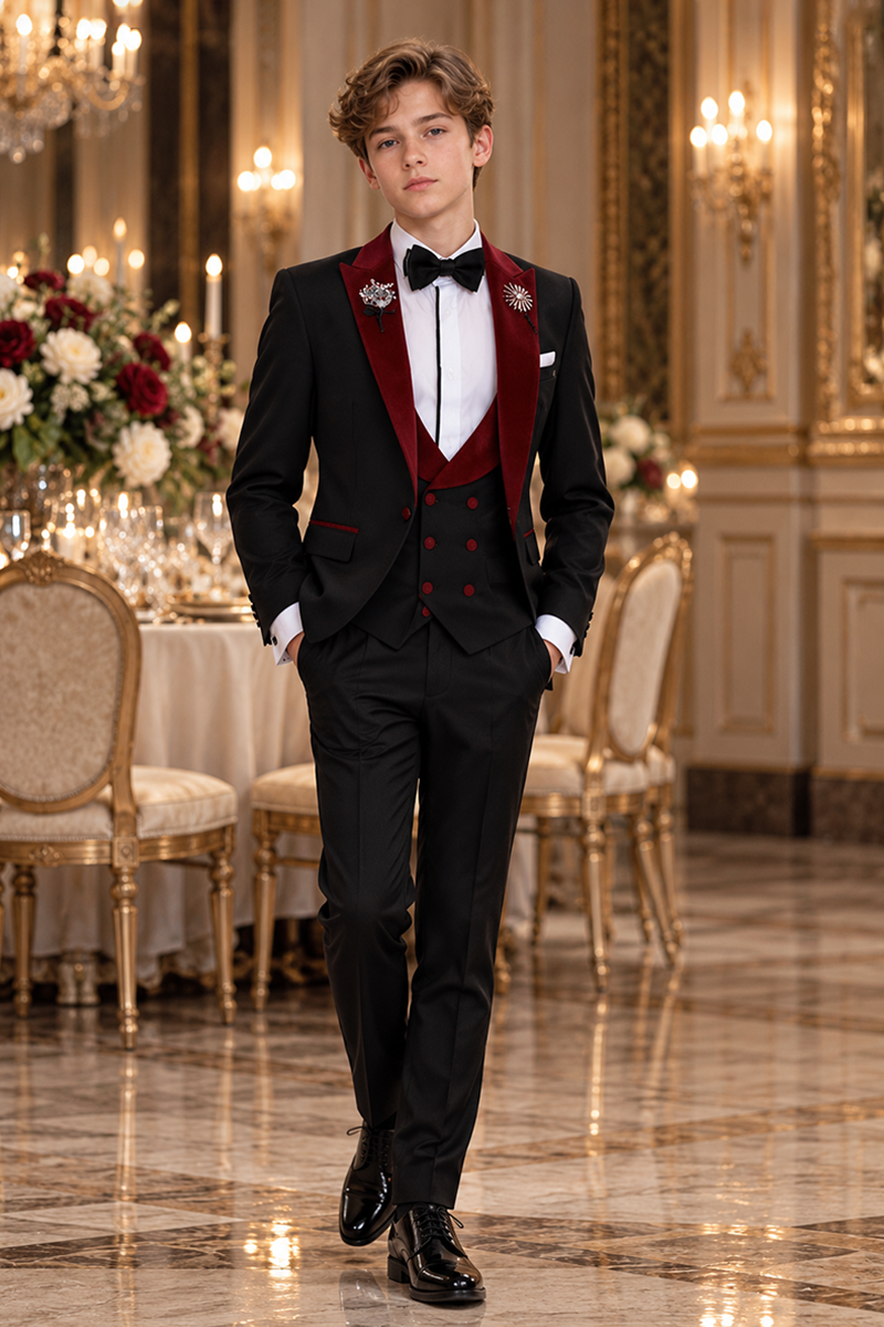 Boys Black Tuxedo with Velvet Shawl Lapel 3-Piece Suit