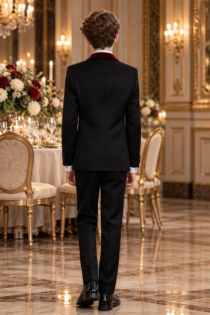 Boys Black Tuxedo with Velvet Shawl Lapel 3-Piece Suit