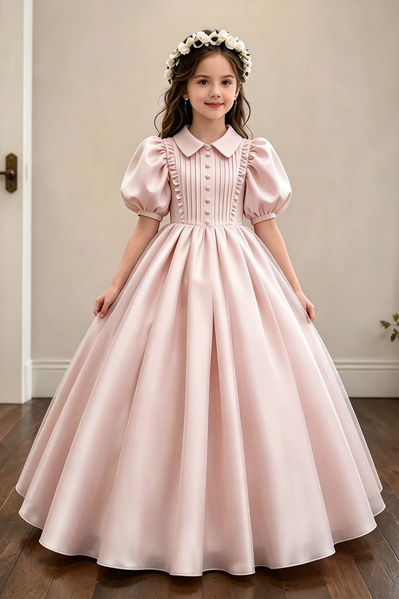 Girls Blush Pink Dress with Puff Short Sleeves