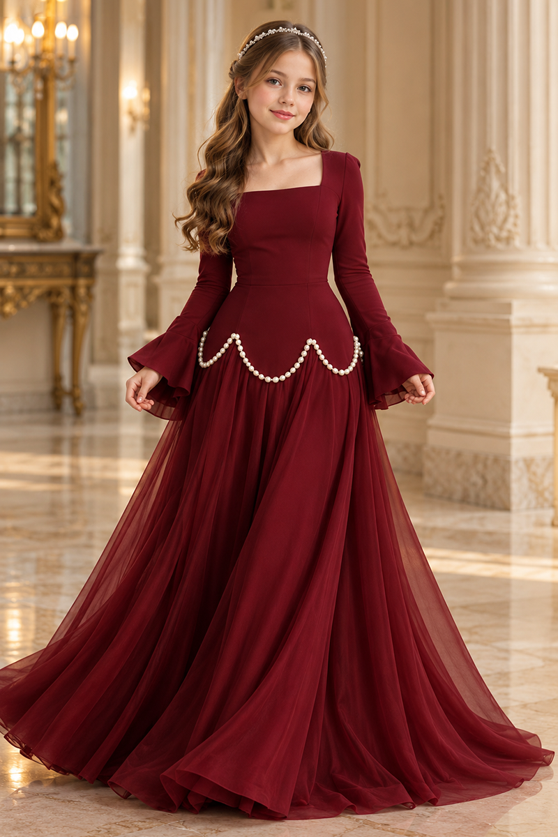 Girls Burgundy Formal Dress with Square Neck