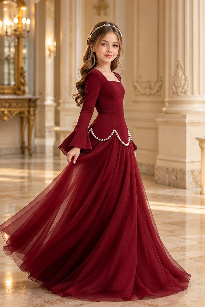 Girls Burgundy Formal Dress with Square Neck