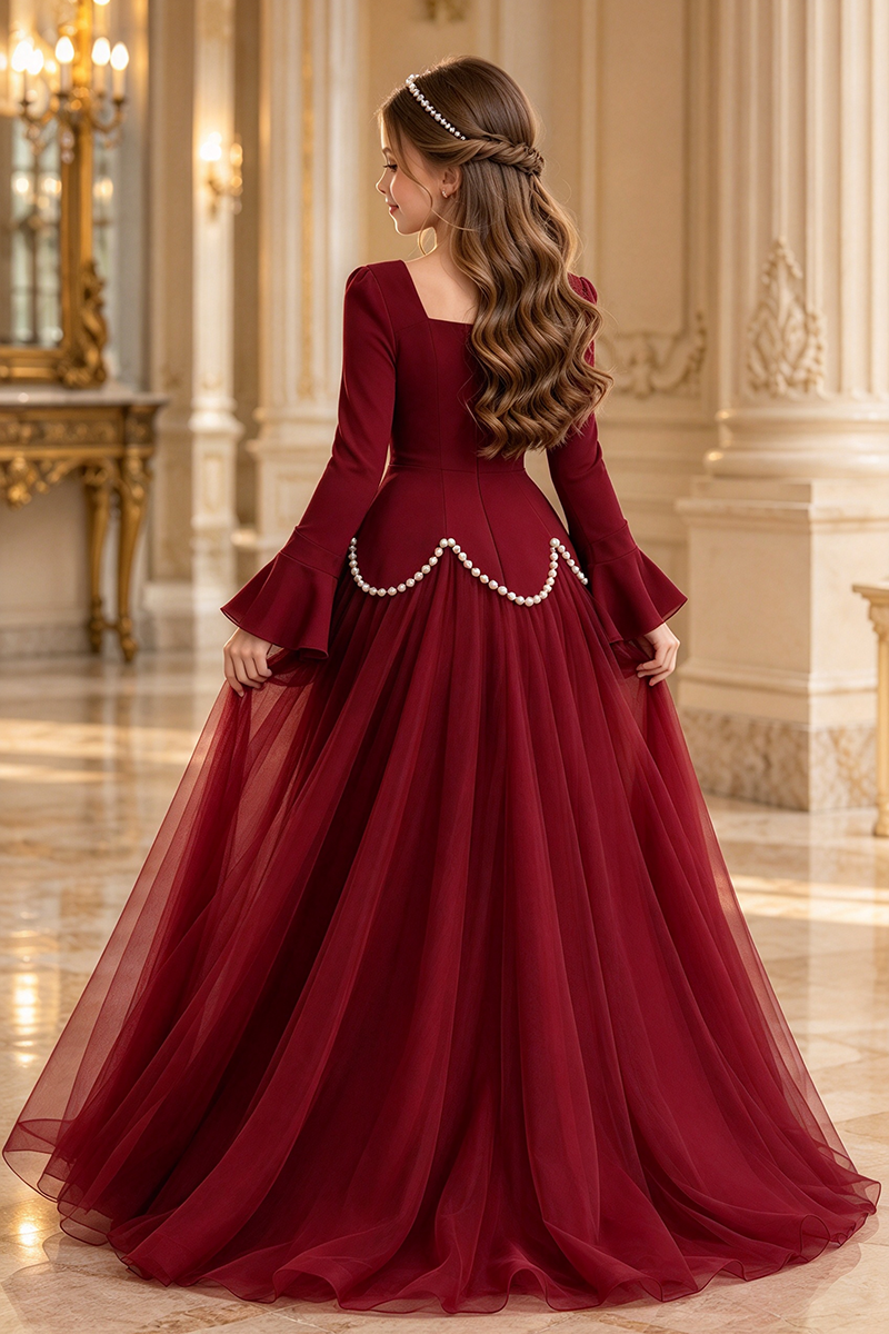 Girls Burgundy Formal Dress with Square Neck