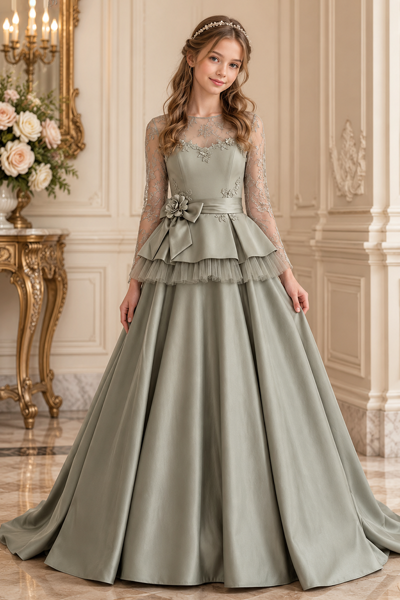 Girls Sage Green Dress with Lace Long Sleeves
