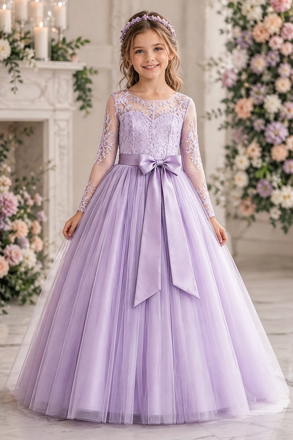 Lavender Long Sleeve Lace Tulle with Satin Bow A-Line Dress