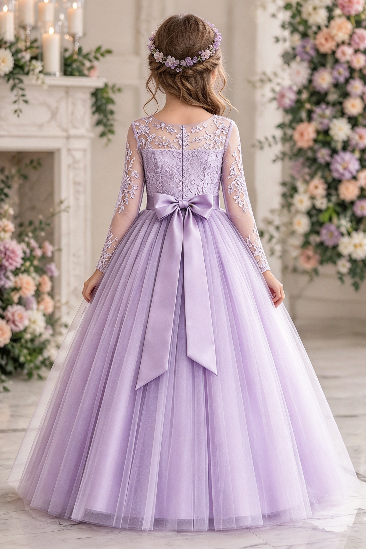 Lavender Long Sleeve Lace Tulle with Satin Bow A-Line Dress