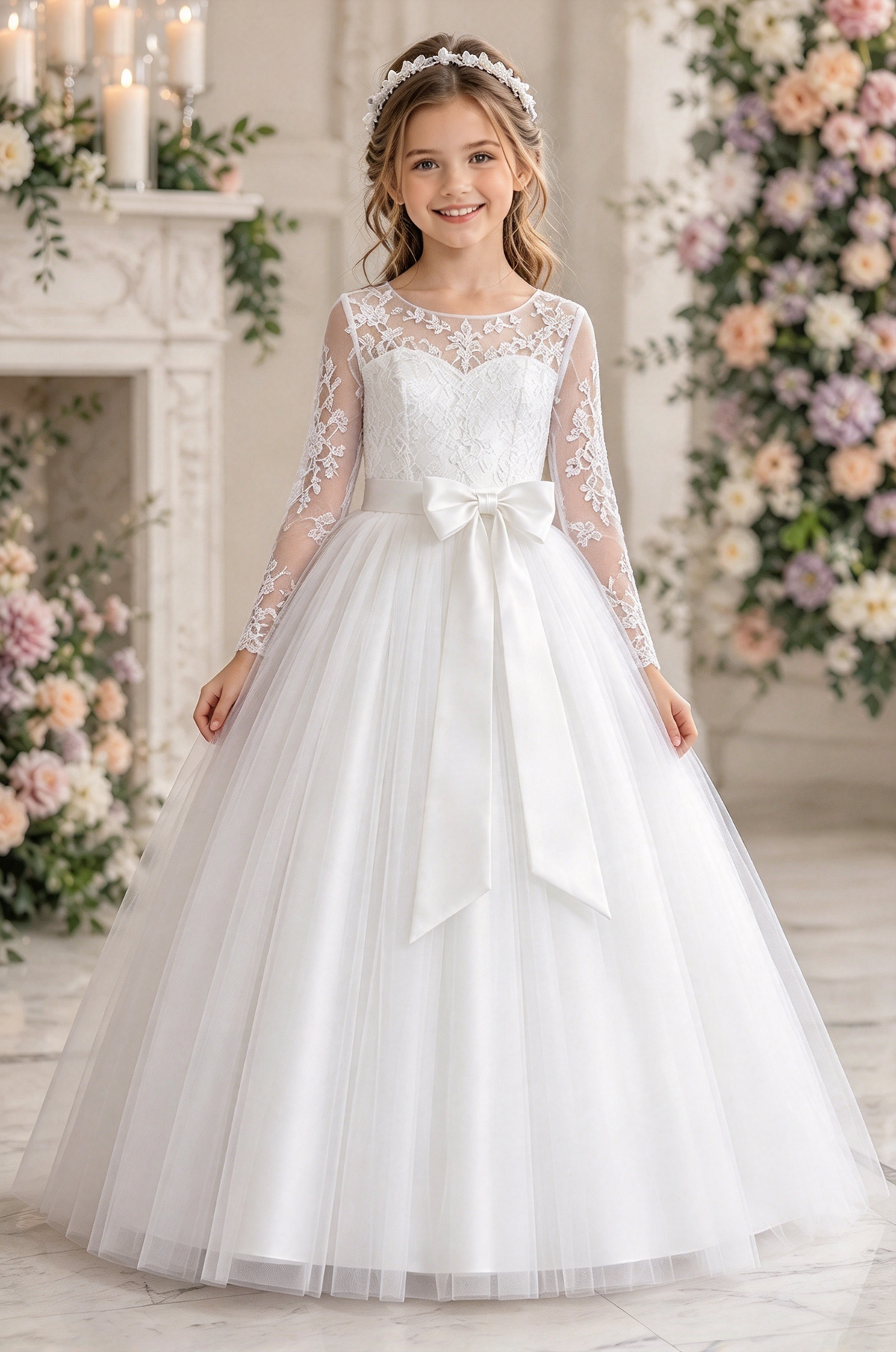 Lavender Long Sleeve Lace Tulle with Satin Bow A-Line Dress
