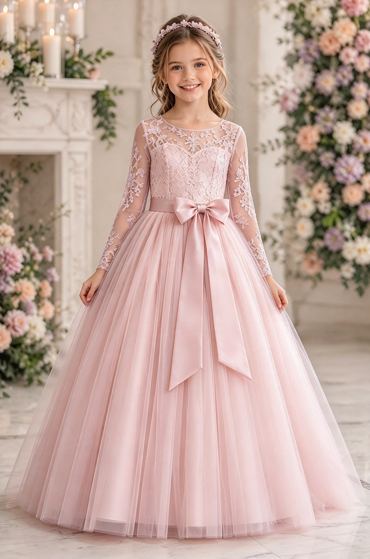 Lavender Long Sleeve Lace Tulle with Satin Bow A-Line Dress
