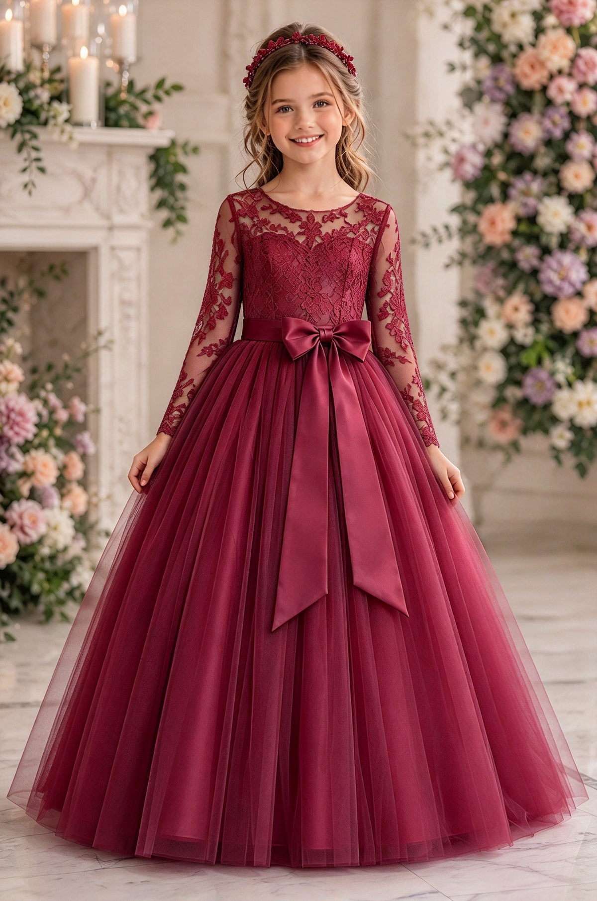 Lavender Long Sleeve Lace Tulle with Satin Bow A-Line Dress