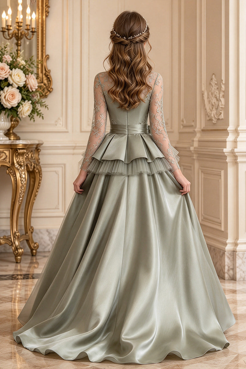 Girls Sage Green Dress with Lace Long Sleeves