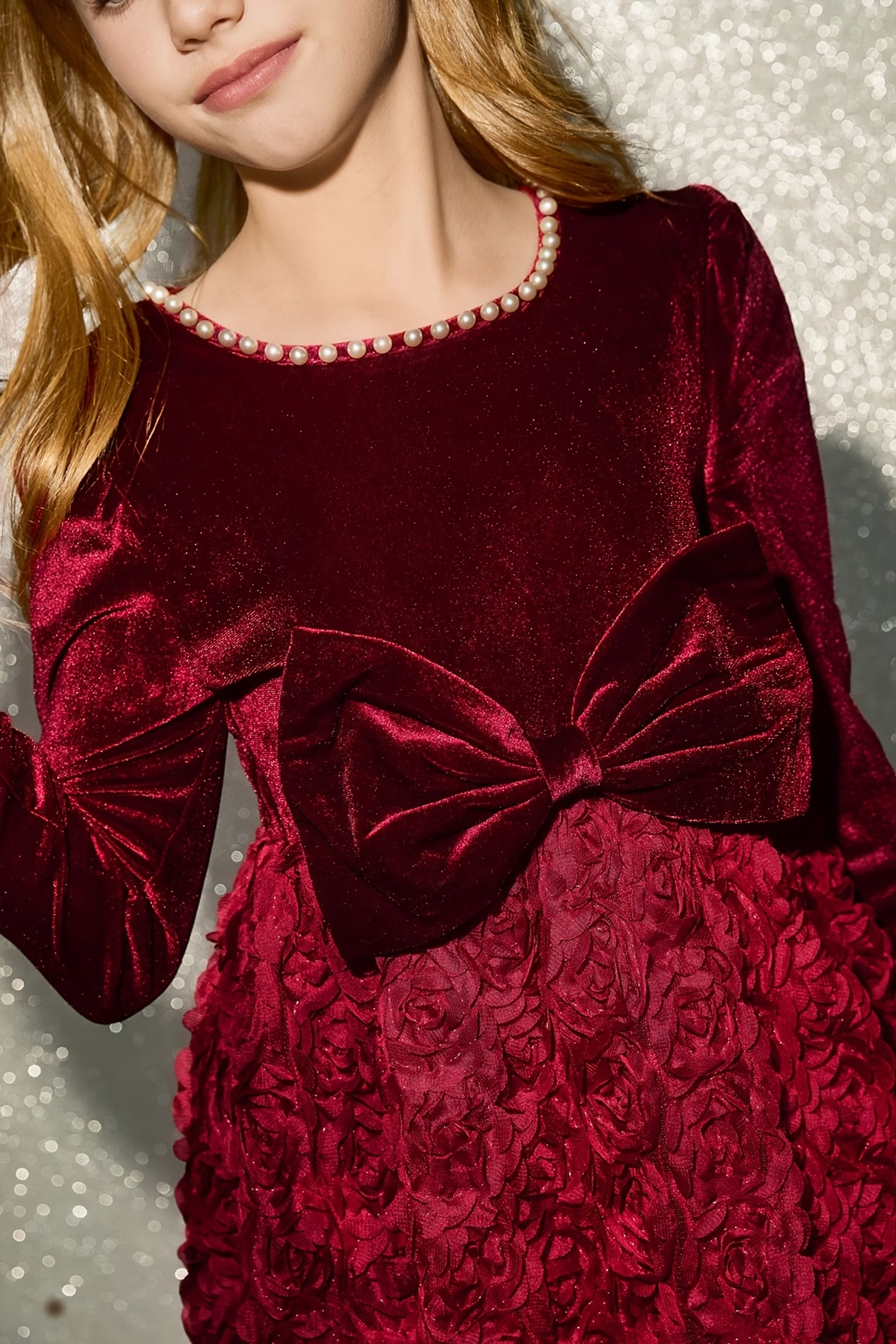 Burgundy Long Sleeve Velvet with 3D Rose & Bow A-Line Dress