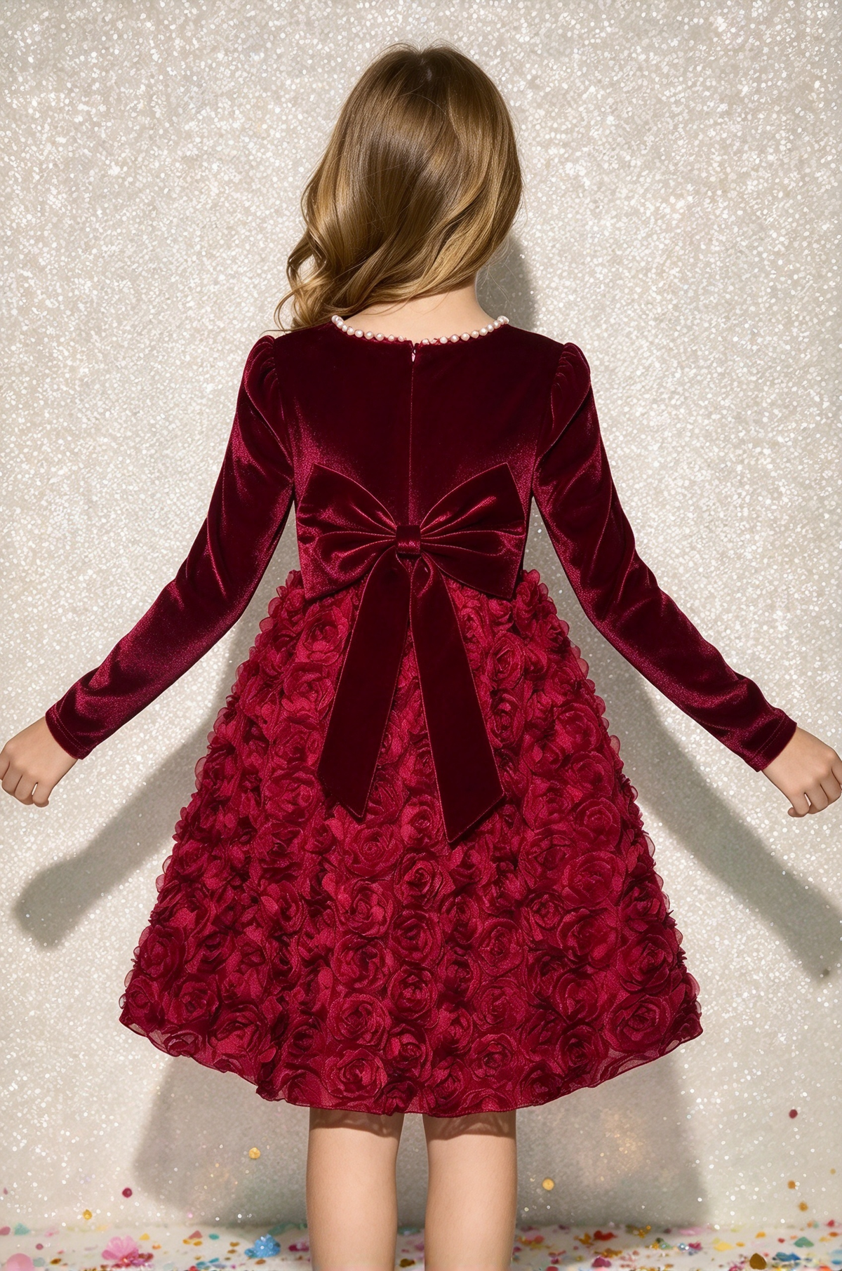 Burgundy Long Sleeve Velvet with 3D Rose & Bow A-Line Dress