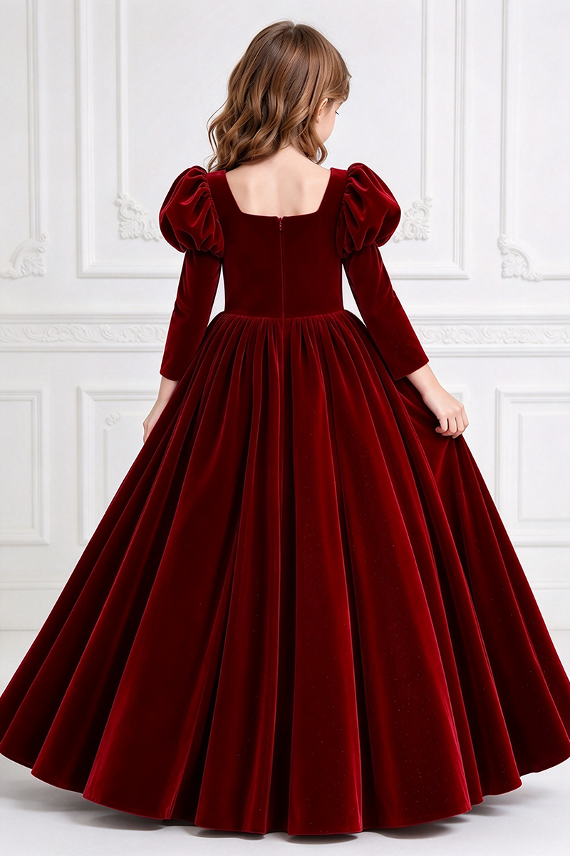 Girls Burgundy Velvet Dress with Puff Long Sleeves