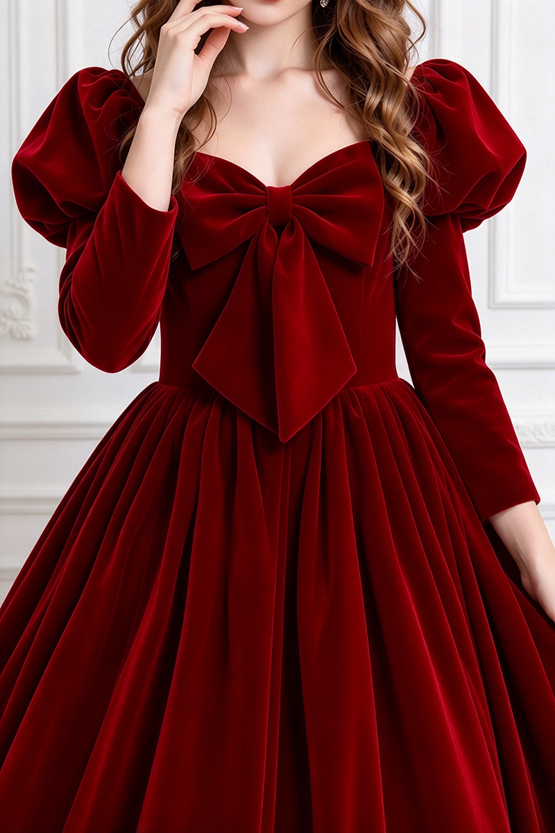 Girls Burgundy Velvet Dress with Puff Long Sleeves