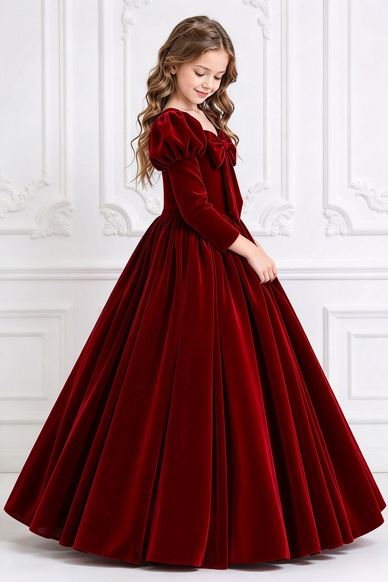 Girls Burgundy Velvet Dress with Puff Long Sleeves