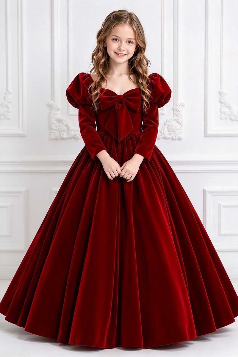 Girls Burgundy Velvet Dress with Puff Long Sleeves