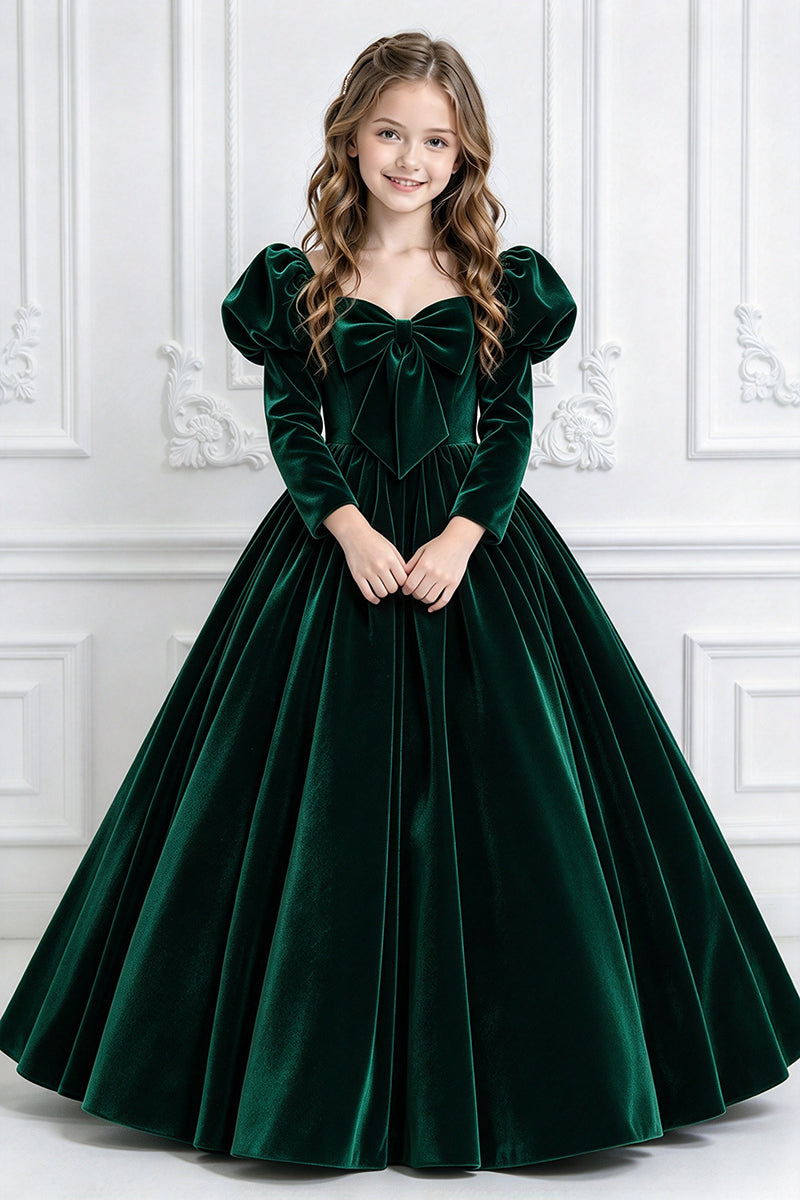 Girls Burgundy Velvet Dress with Puff Long Sleeves