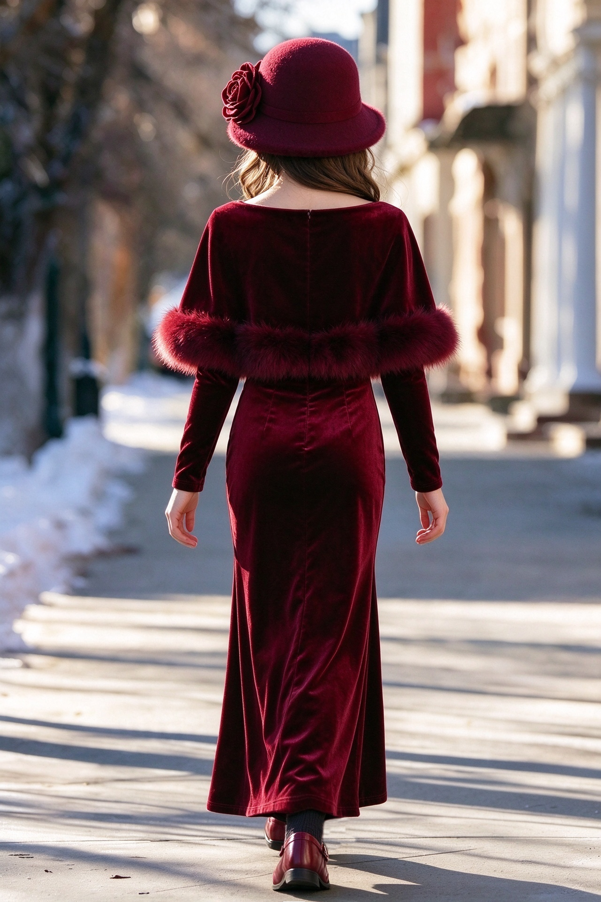Burgundy Velvet Long Sleeve with Faux Fur A-Line Dress