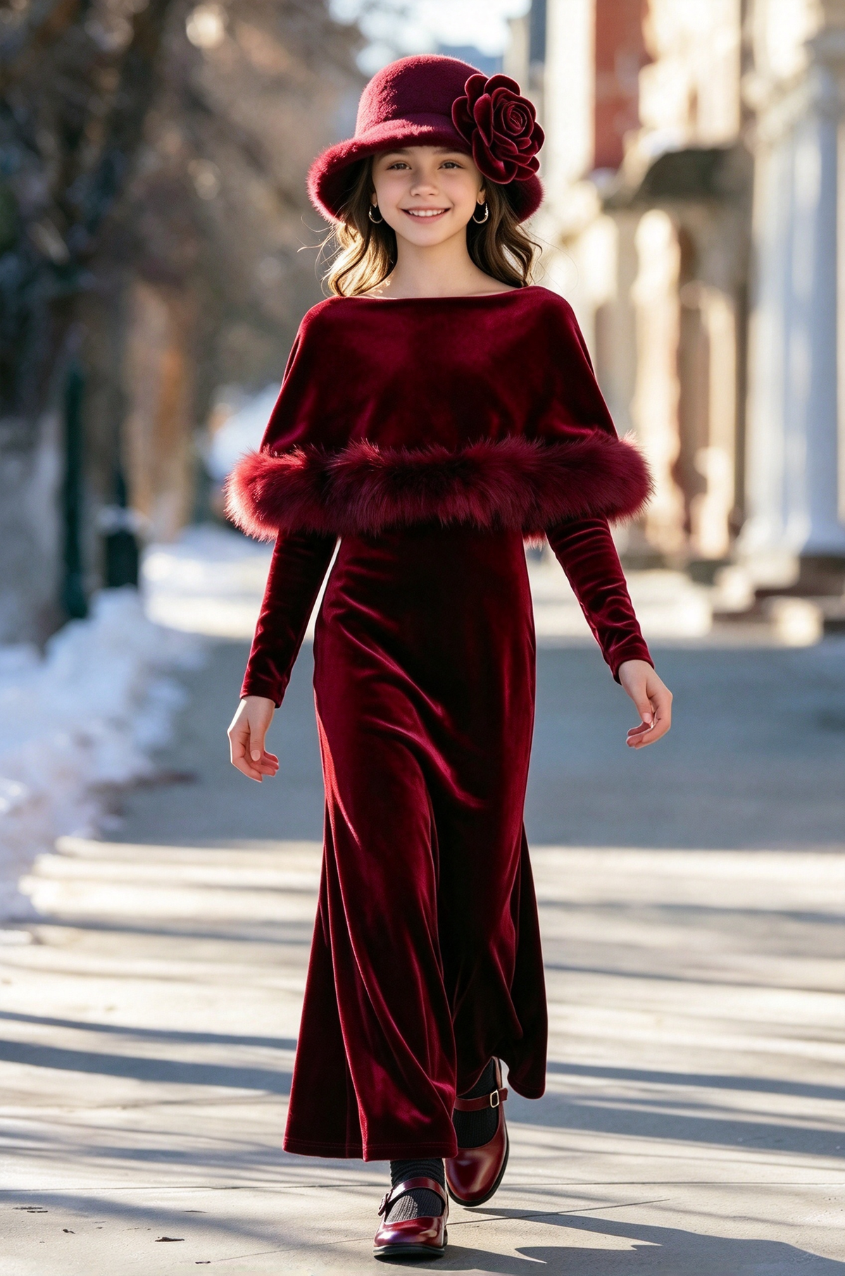Burgundy Velvet Long Sleeve with Faux Fur A-Line Dress