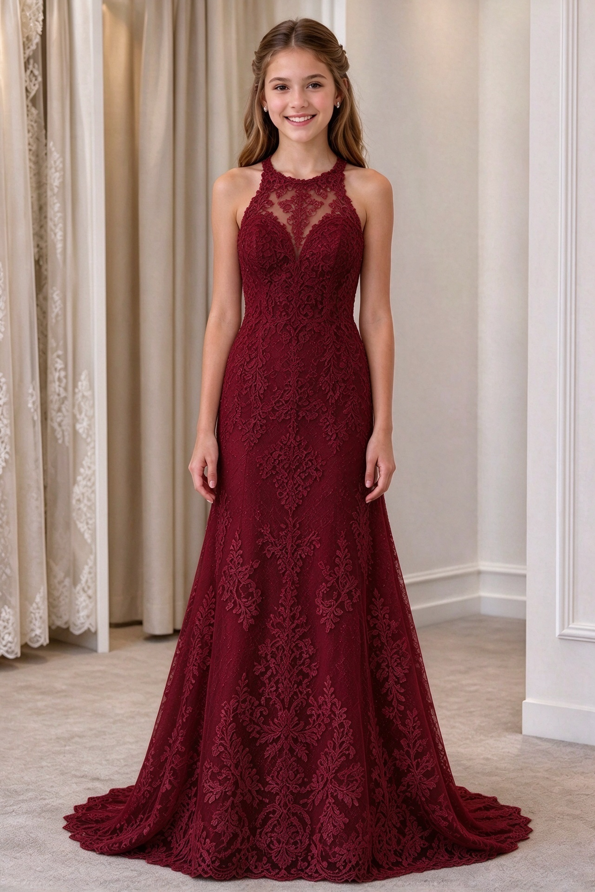 White Halter Heavy Lace Mermaid Formal A-Line Dress
