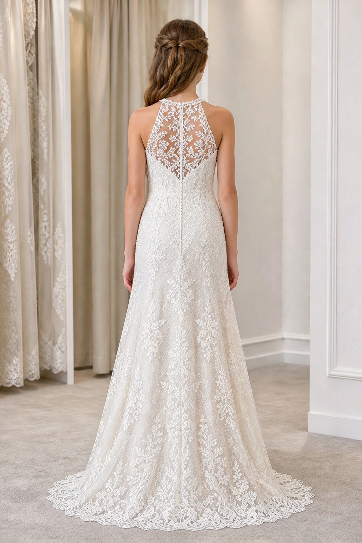 White Halter Heavy Lace Mermaid Formal A-Line Dress