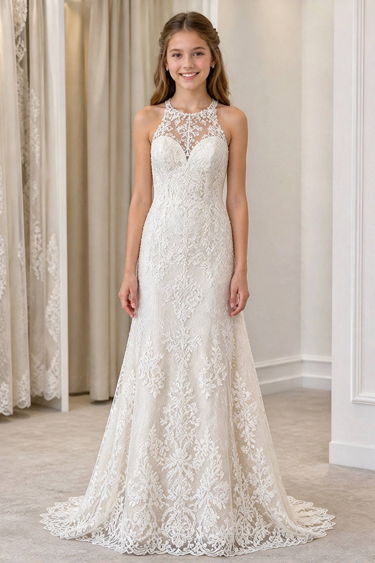 White Halter Heavy Lace Mermaid Formal A-Line Dress