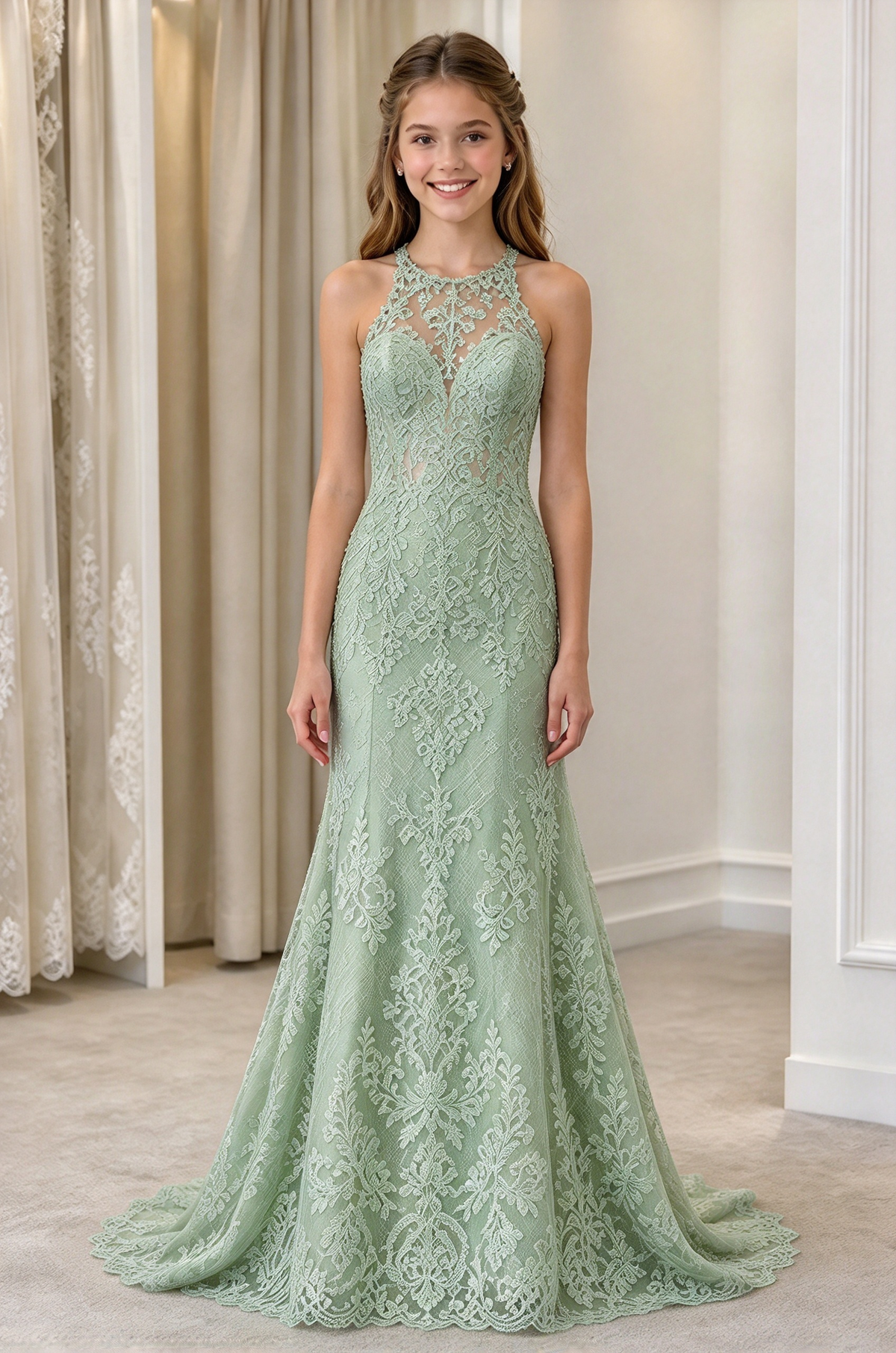 White Halter Heavy Lace Mermaid Formal A-Line Dress