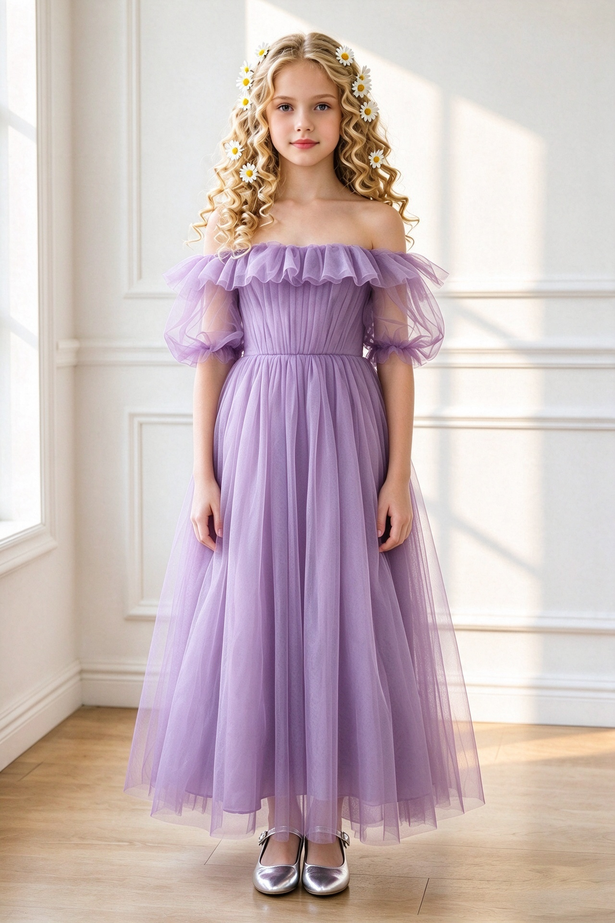 Burgundy Off Shoulder Tulle with Puff Sleeves A-Line Dress
