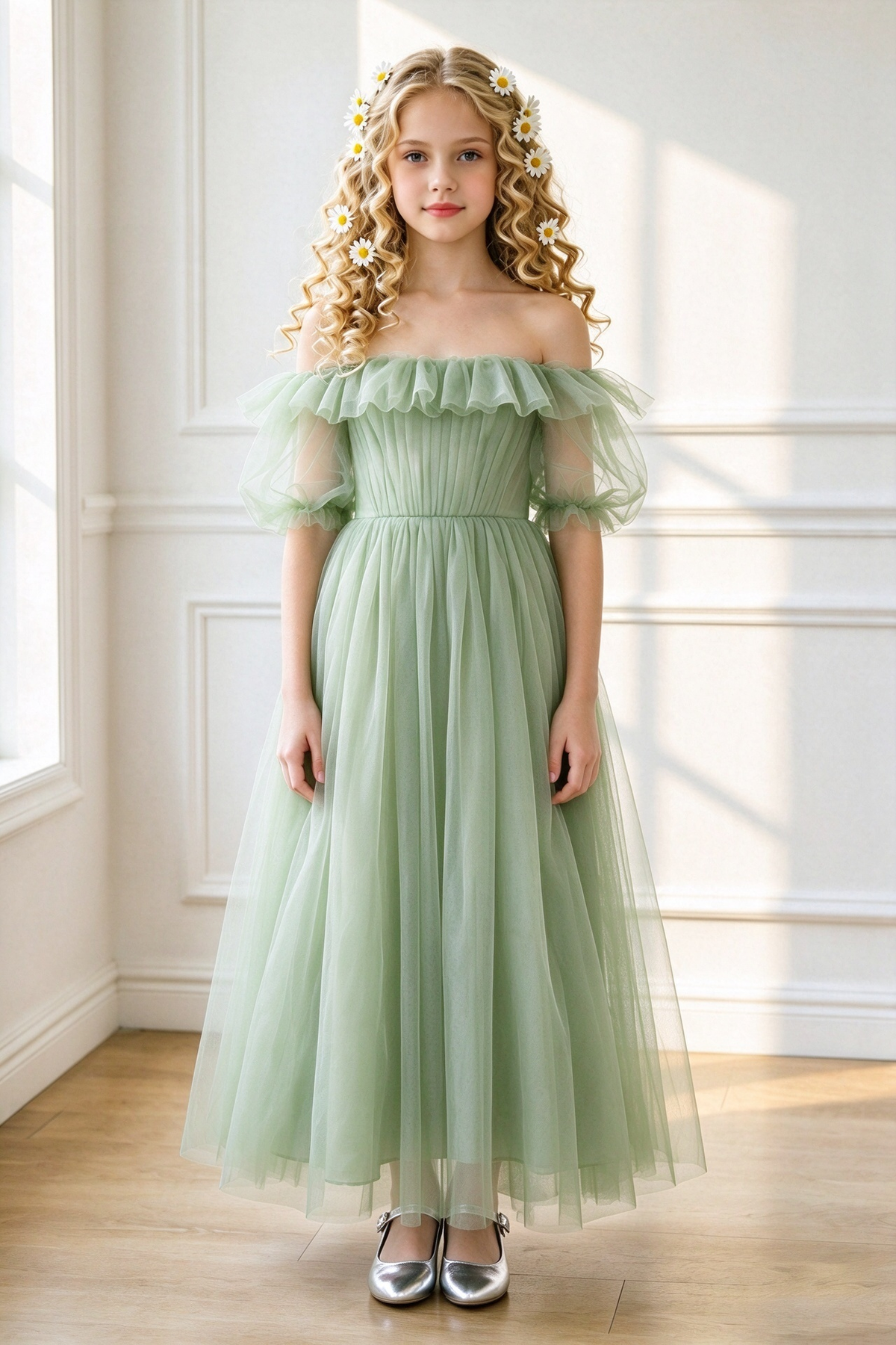 Burgundy Off Shoulder Tulle with Puff Sleeves A-Line Dress