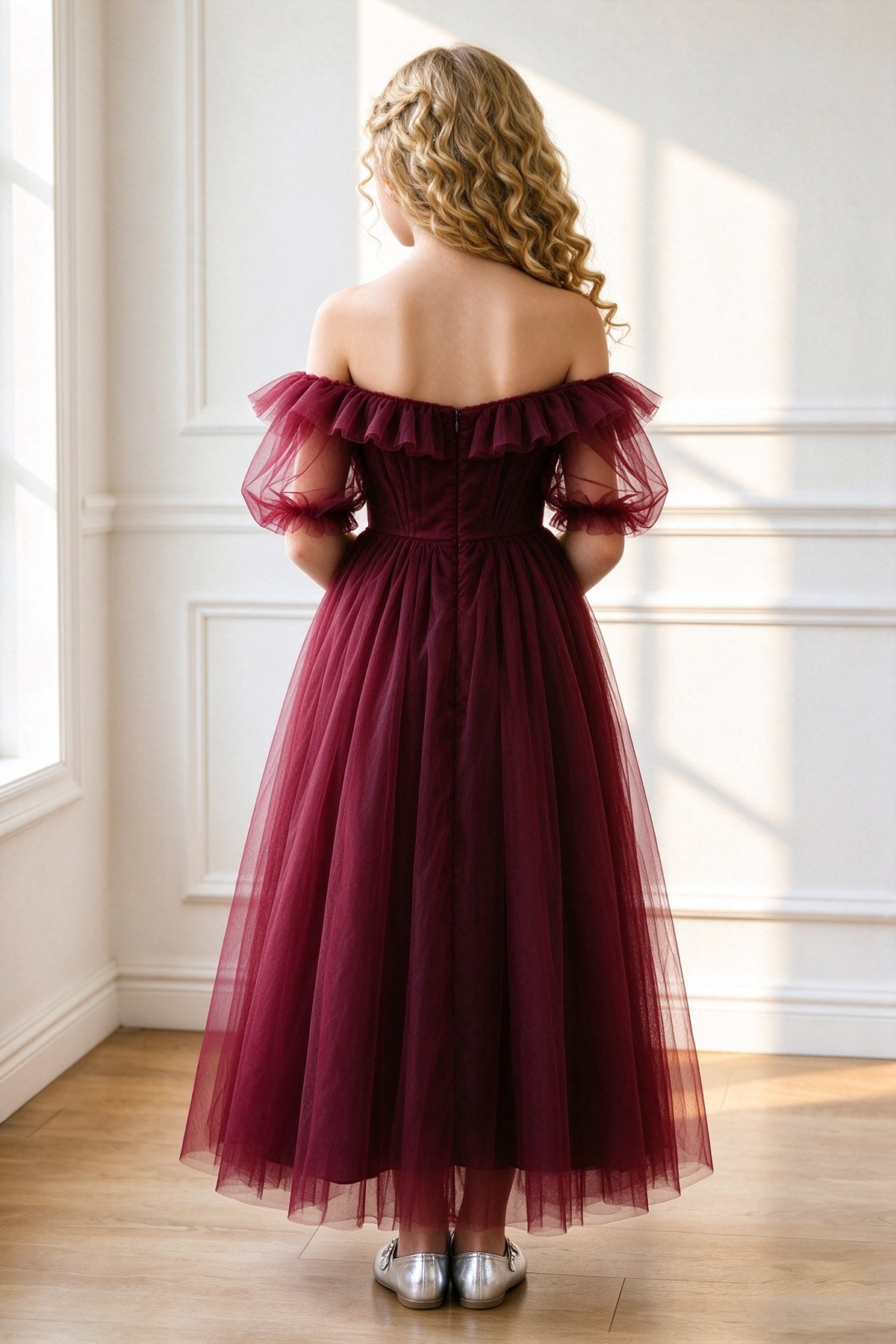Burgundy Off Shoulder Tulle with Puff Sleeves A-Line Dress