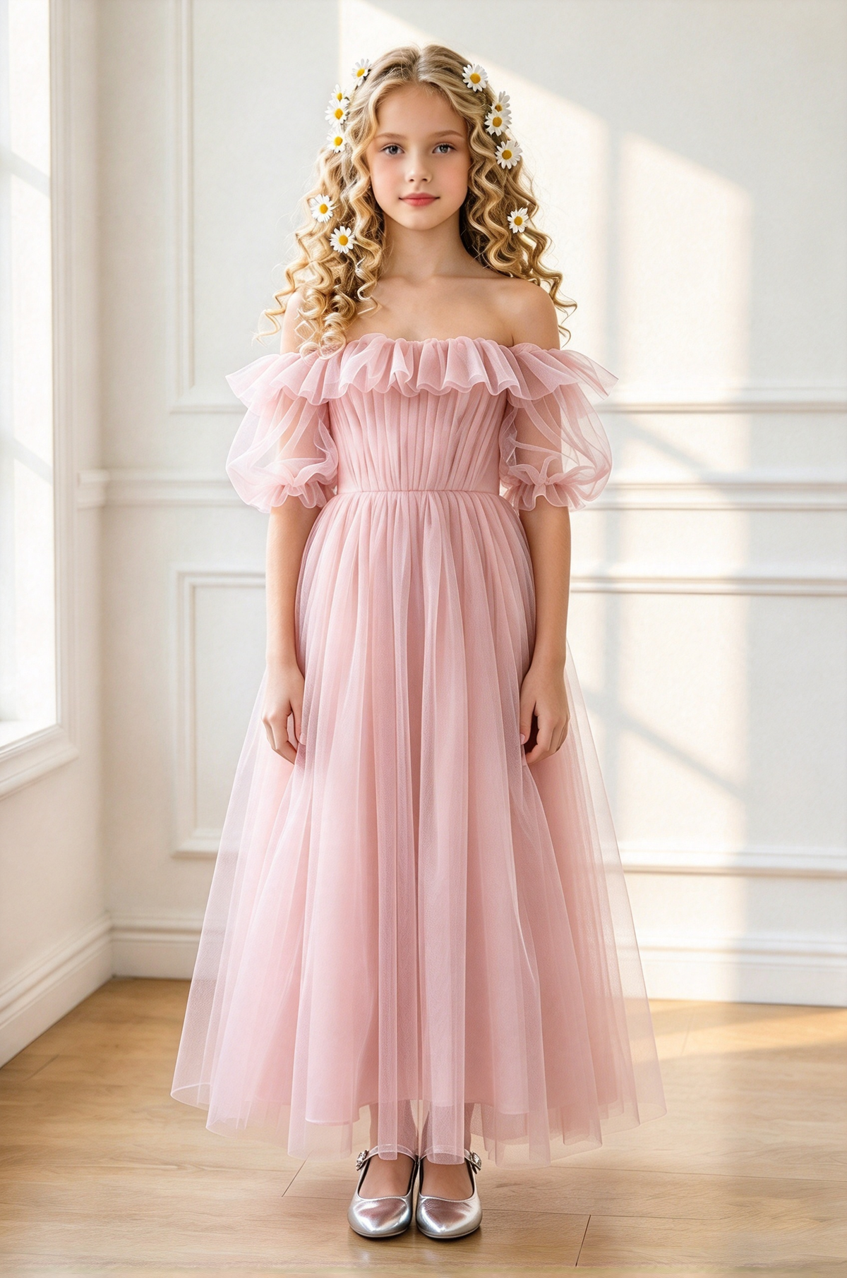 Burgundy Off Shoulder Tulle with Puff Sleeves A-Line Dress