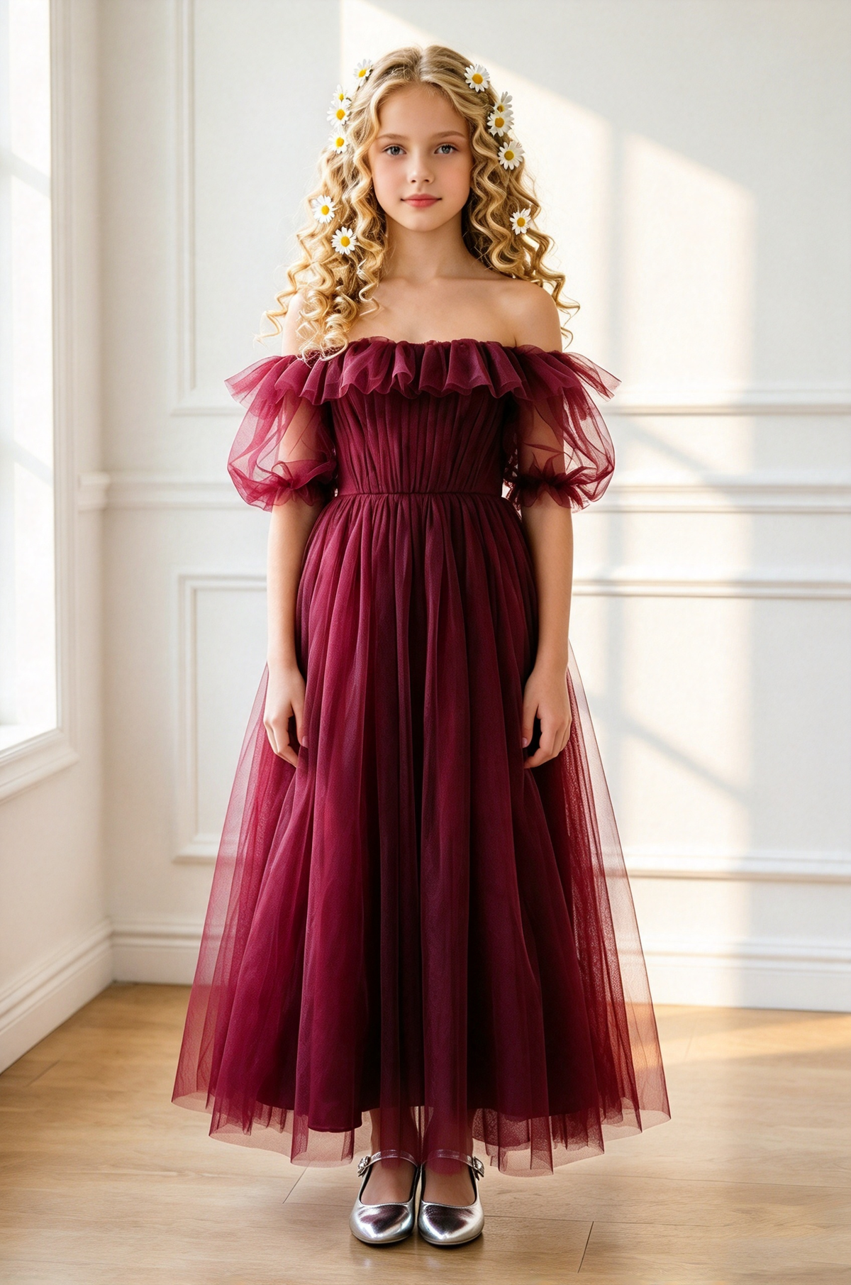 Burgundy Off Shoulder Tulle with Puff Sleeves A-Line Dress