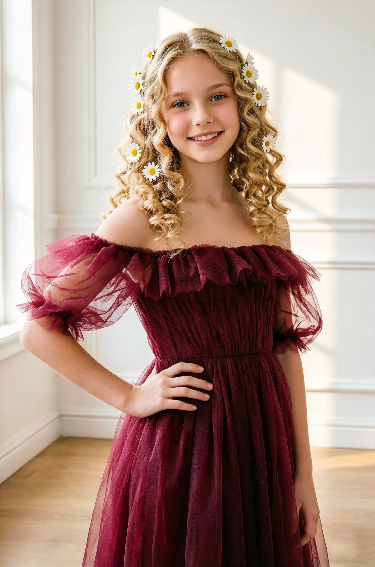 Burgundy Off Shoulder Tulle with Puff Sleeves A-Line Dress