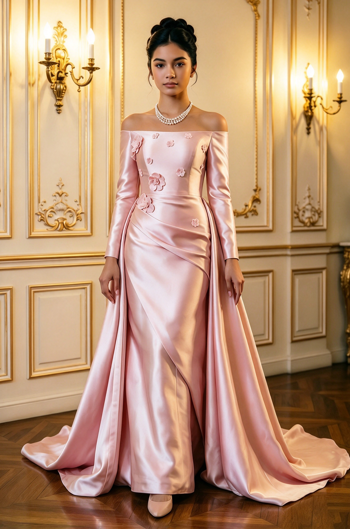 Light Pink Off Shoulder Satin with 3D Floral A-Line Dress