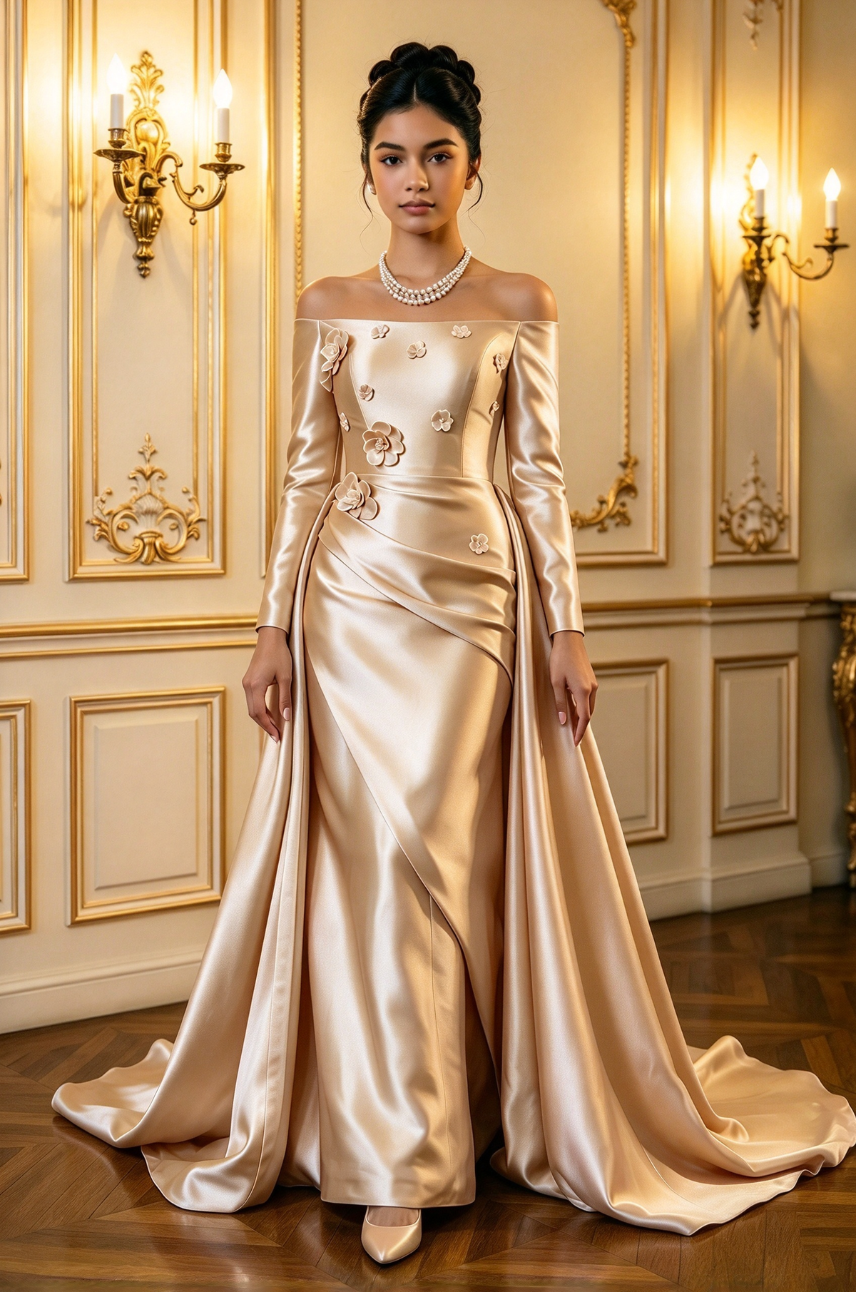 Light Pink Off Shoulder Satin with 3D Floral A-Line Dress