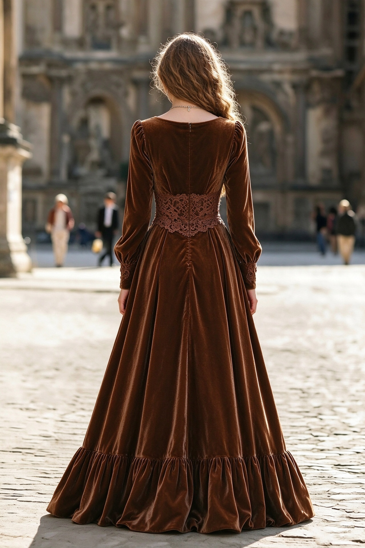 Dark Brown Velvet with Lace Waist & Puff Long Sleeves A-Line Dress