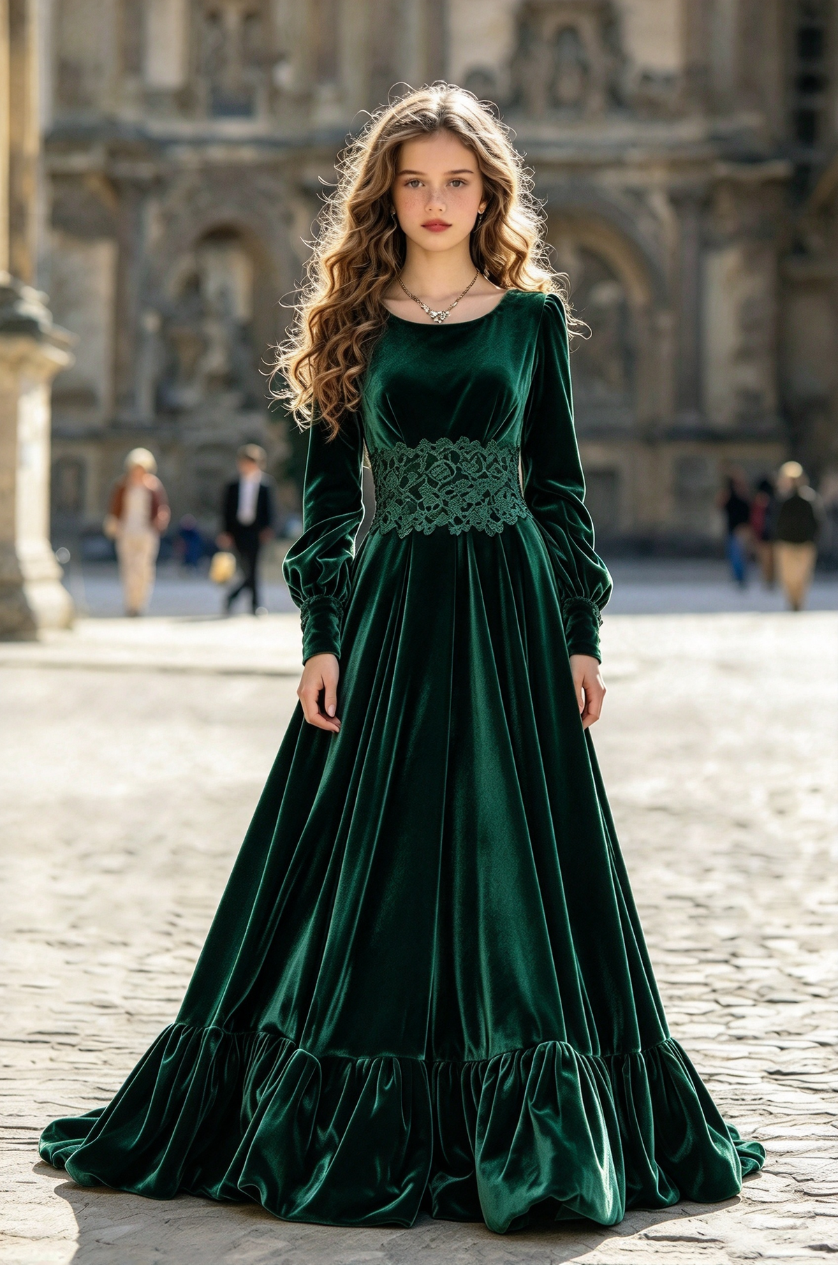 Dark Brown Velvet with Lace Waist & Puff Long Sleeves A-Line Dress