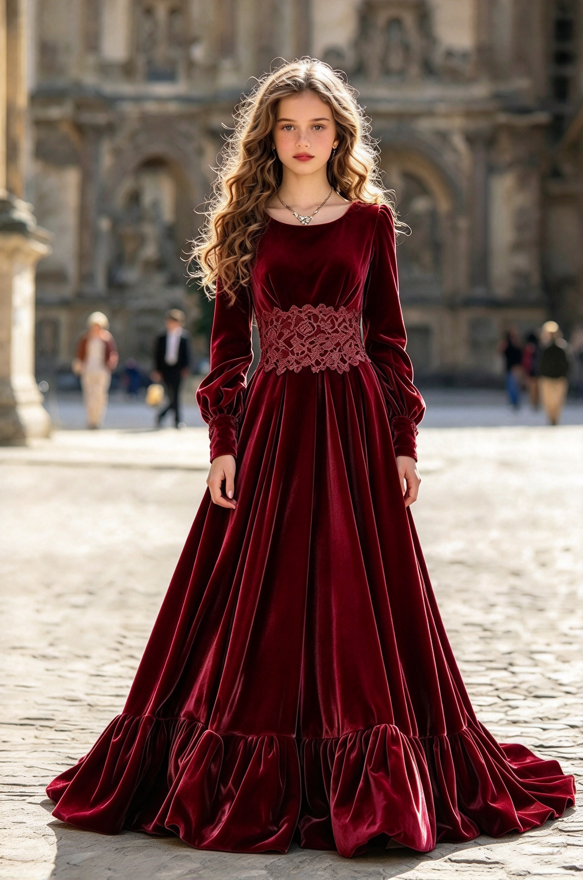 Dark Brown Velvet with Lace Waist & Puff Long Sleeves A-Line Dress
