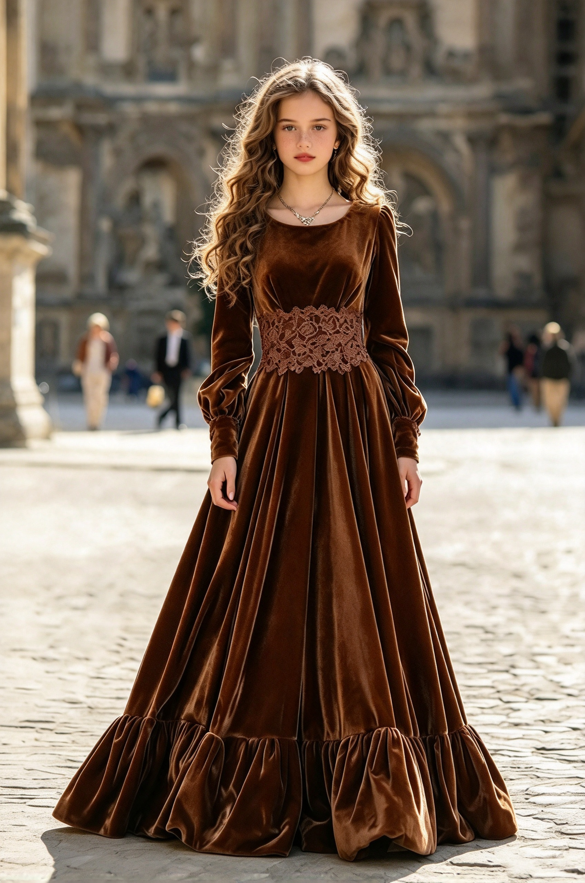 Dark Brown Velvet with Lace Waist & Puff Long Sleeves A-Line Dress