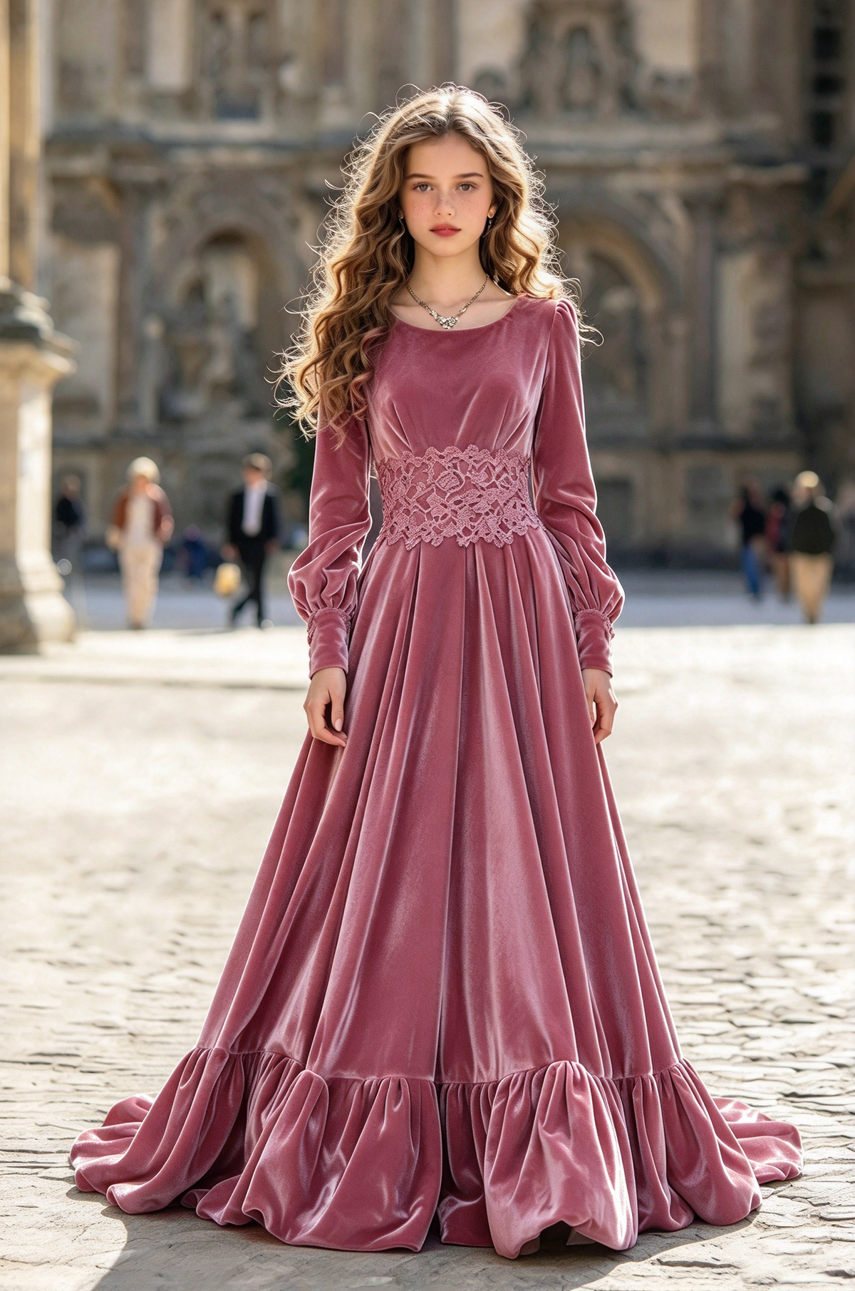 Dark Brown Velvet with Lace Waist & Puff Long Sleeves A-Line Dress