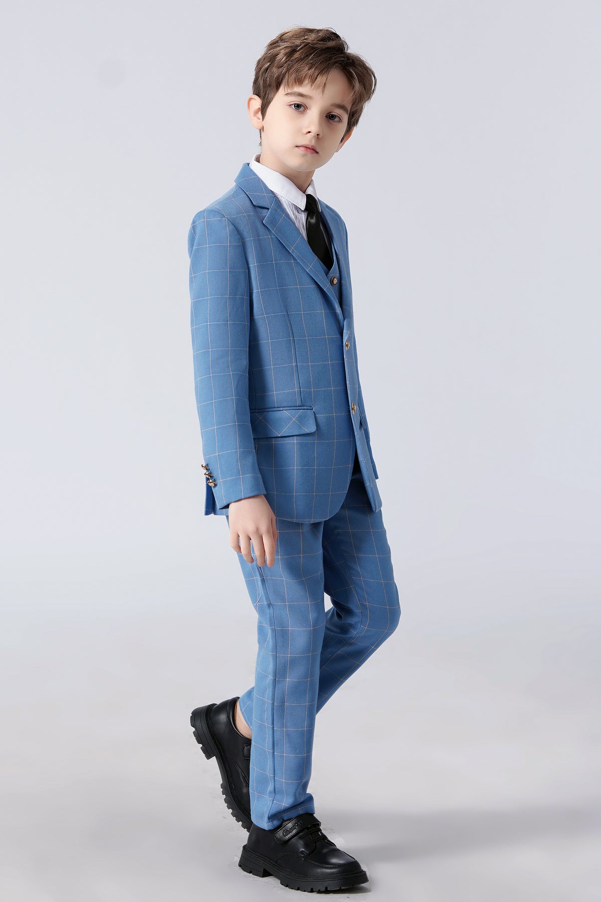 Light Blue Plaid 3-Piece Suit Set Single Breasted Formal Outfit