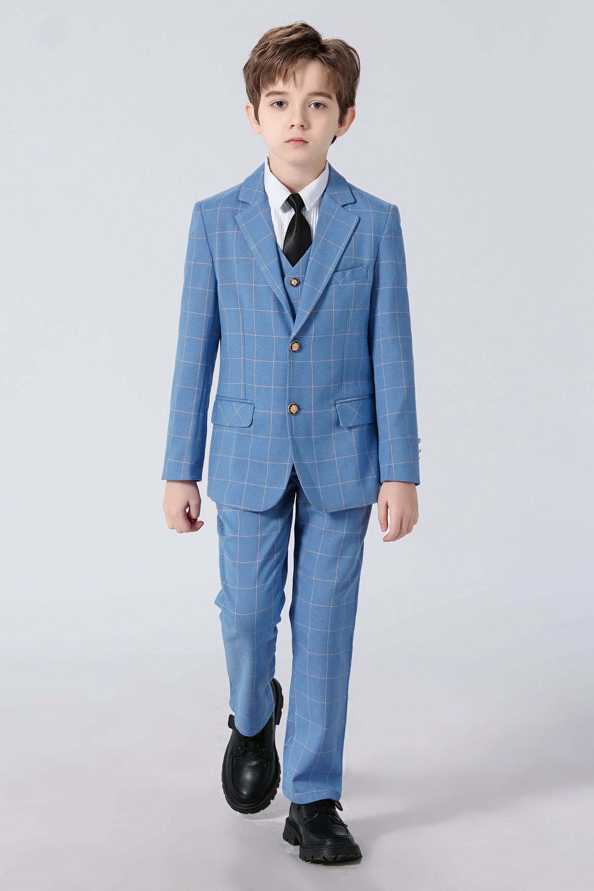Light Blue Plaid 3-Piece Suit Set Single Breasted Formal Outfit