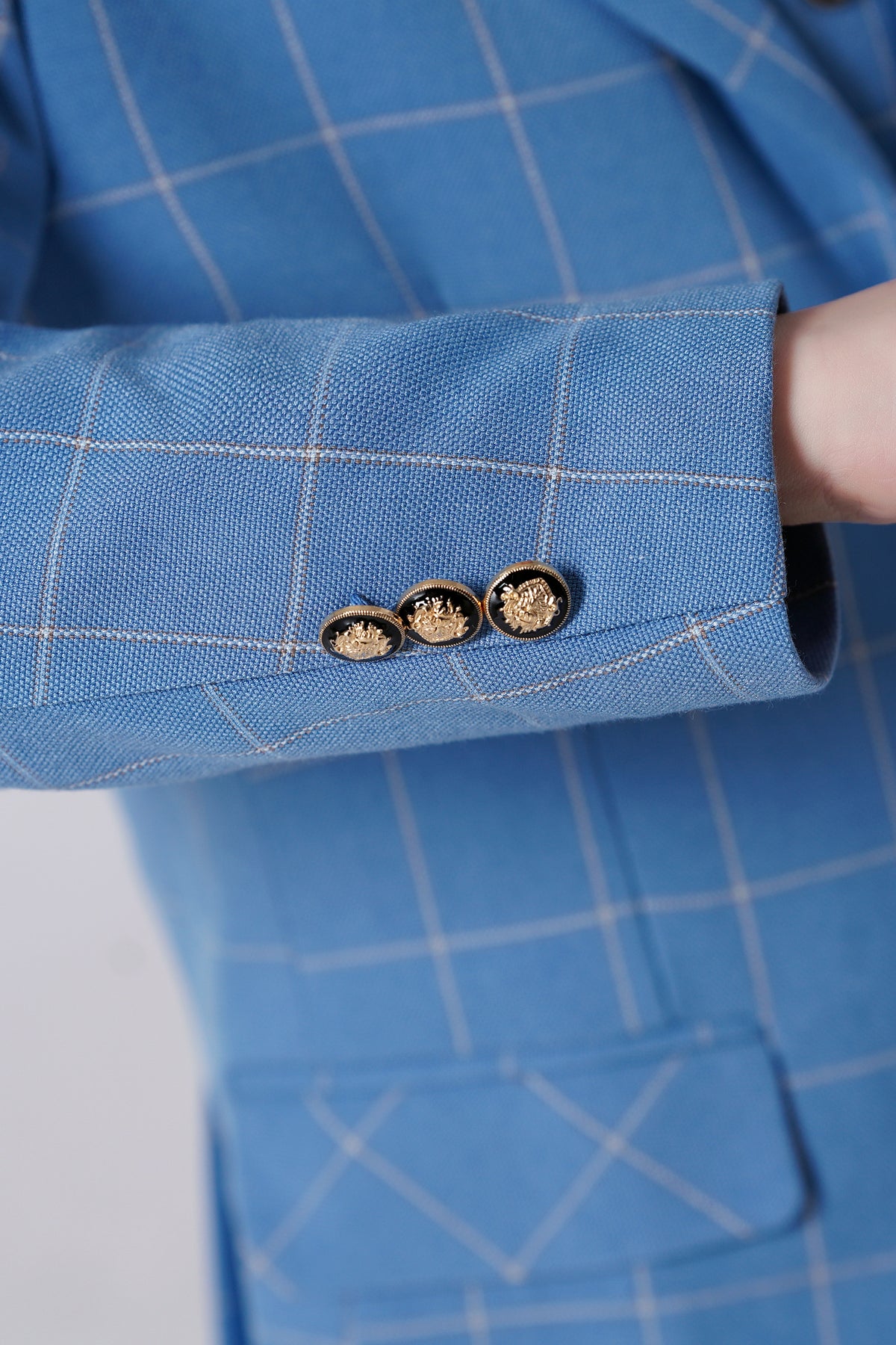 Light Blue Plaid 3-Piece Suit Set Single Breasted Formal Outfit