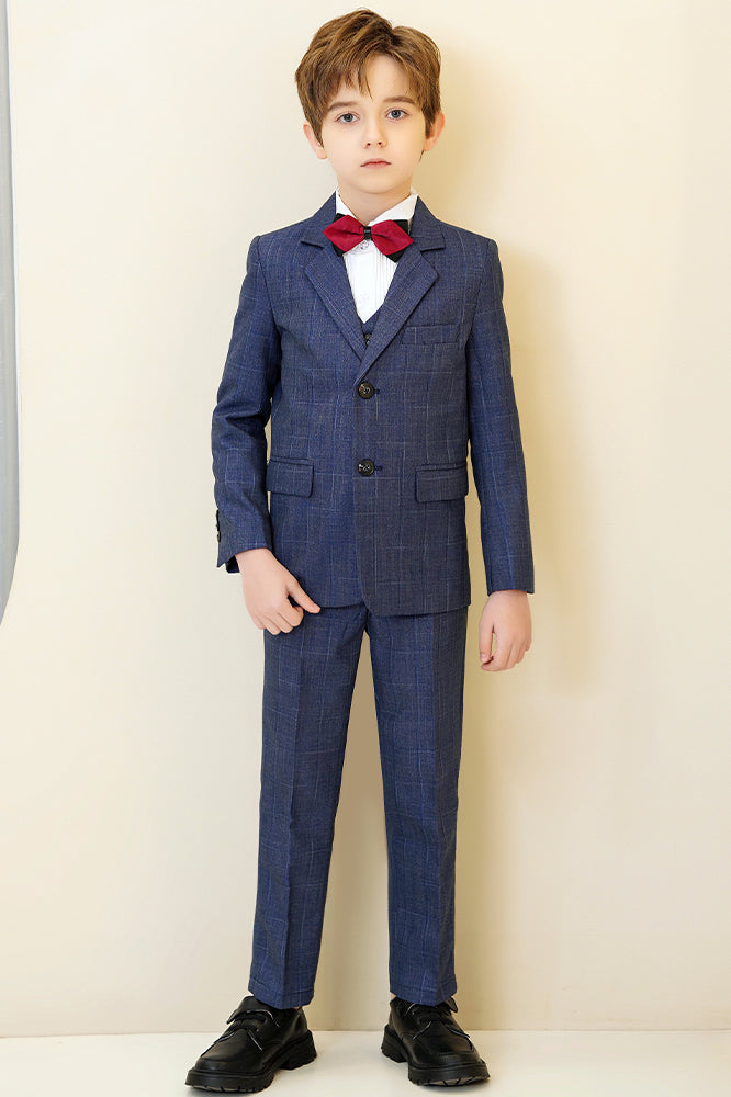 Dark Blue Plaid 3-Piece Suit Set Single Breasted Formal Outfit