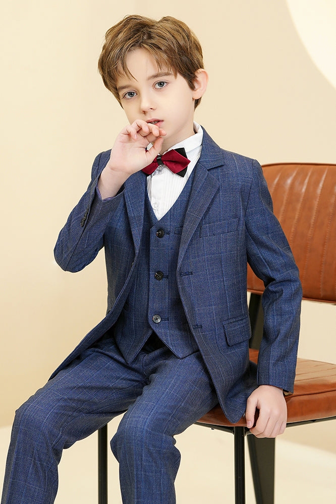 Dark Blue Plaid 3-Piece Suit Set Single Breasted Formal Outfit