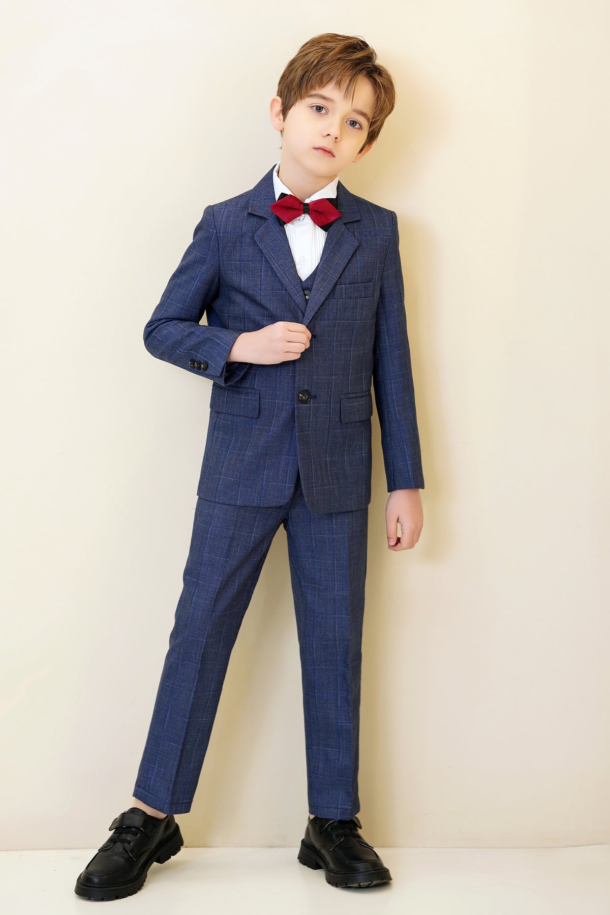 Dark Blue Plaid 3-Piece Suit Set Single Breasted Formal Outfit