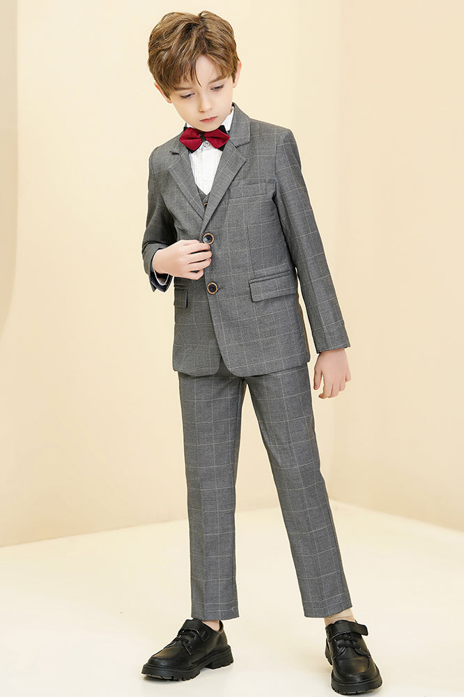 Grey Plaid 3-Piece Suit Set Single Breasted Formal Outfit