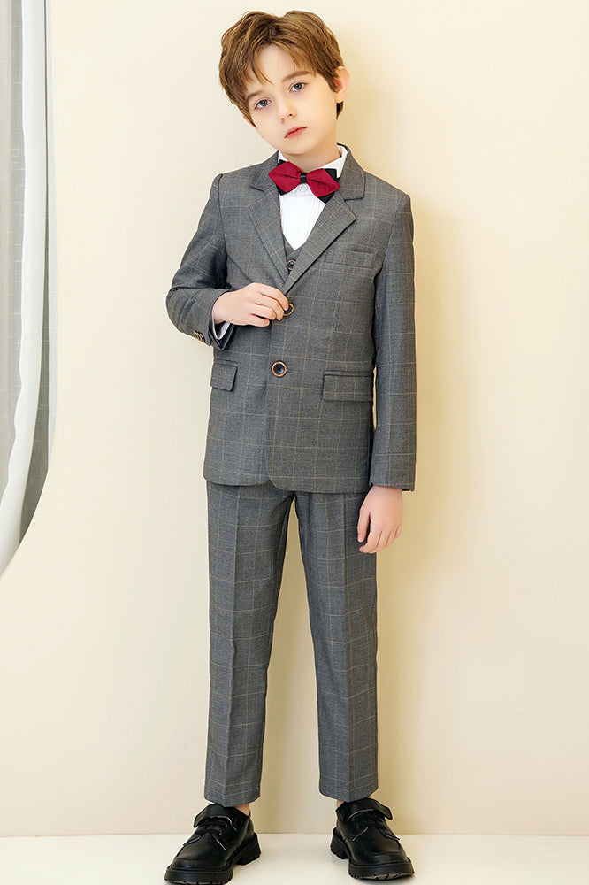 Grey Plaid 3-Piece Suit Set Single Breasted Formal Outfit
