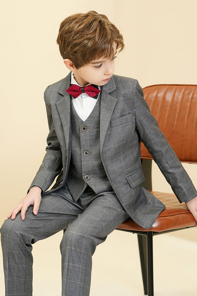 Grey Plaid 3-Piece Suit Set Single Breasted Formal Outfit